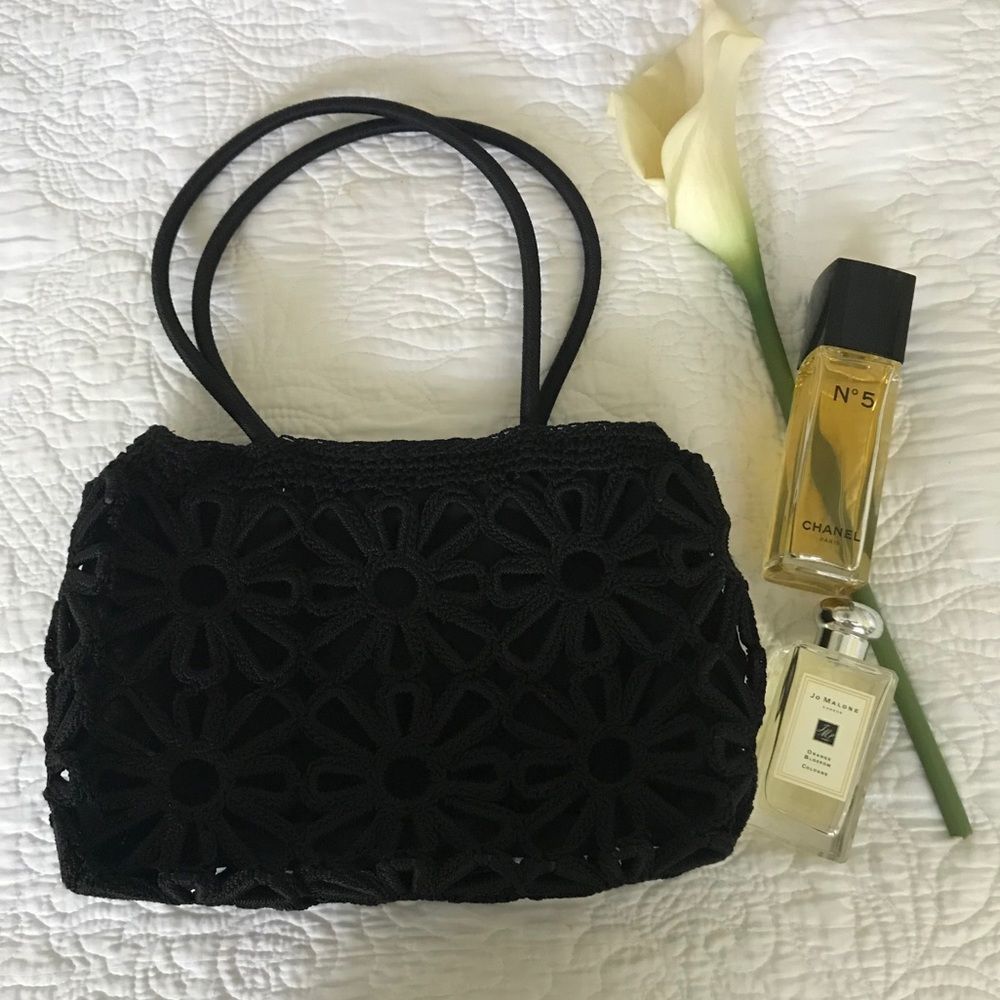Handmade Flower Crocheted Black Purse